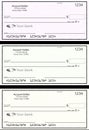 Blank generic bank checks, three of them in different colors are isolated on the background