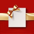 Blank gift greeting card with golden shiny ribbon bow, red background. Copy space. 3d render Royalty Free Stock Photo