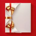 Blank gift greeting card with golden shiny ribbon bow, red background. Copy space. 3d render Royalty Free Stock Photo