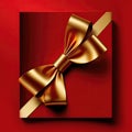 Blank gift greeting card with golden shiny ribbon bow, red background. Copy space. 3d render Royalty Free Stock Photo