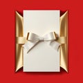 Blank gift greeting card with golden shiny ribbon bow, red background. Copy space. 3d render Royalty Free Stock Photo