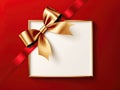 Blank gift greeting card with golden shiny ribbon bow, red background. Copy space. 3d render Royalty Free Stock Photo