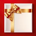 Blank gift greeting card with golden shiny ribbon bow, red background. Copy space. 3d render Royalty Free Stock Photo