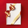 Blank gift greeting card with golden shiny ribbon bow, red background. Copy space. 3d render Royalty Free Stock Photo