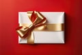 Blank gift greeting card with golden shiny ribbon bow, red background. Copy space. 3d render Royalty Free Stock Photo