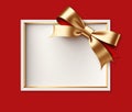 Blank gift greeting card with golden shiny ribbon bow, red background. Copy space. 3d render Royalty Free Stock Photo