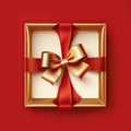 Blank gift greeting card with golden shiny ribbon bow, red background. Copy space. 3d render Royalty Free Stock Photo