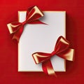 Blank gift greeting card with golden shiny ribbon bow, red background. Copy space. 3d render Royalty Free Stock Photo