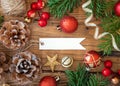 Blank gift tag with Christmas decorations around top view, Mockup Royalty Free Stock Photo