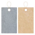 Blank gift tag labels for sale prices. Texture of realistic brown yellow and white gray kraft carton paper material with a rope.