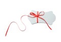 Blank gift tag with satin ribbon on white background, Royalty Free Stock Photo