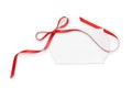 Blank gift tag with satin ribbon on white background Royalty Free Stock Photo