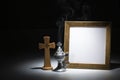 Blank gilded picture frame with thurible and chrucifix Royalty Free Stock Photo