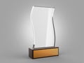 Blank glass trophy mock up stand on wooden base, 3d rendering illustration. Royalty Free Stock Photo