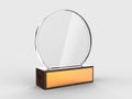 Blank glass trophy mock up stand on wooden base, 3d rendering illustration. Royalty Free Stock Photo