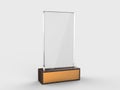 Blank glass trophy mock up stand on wooden base, 3d rendering illustration. Royalty Free Stock Photo