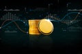 Blank gold coin or crypto currency with analytics graph blurred on black background Royalty Free Stock Photo