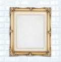 Blank Gold color vintage photo frame hanging on white ceramic ti Royalty Free Stock Photo