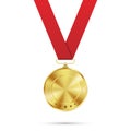 Blank gold medal with red ribbon template isolated on white background, vector Royalty Free Stock Photo
