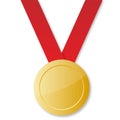 Blank gold medal with red ribbon, vector illustration Royalty Free Stock Photo