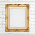 Blank Gold Vintage photo frame on white brick wall, Template for Royalty Free Stock Photo