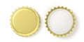 Front and back view of golden beer caps, on white background, top view. 3d illustration