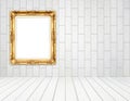 Blank golden frame in room with white wood wall (block style) an