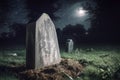 A blank gravestone rises from the lush grass of a cemetery at night, lit by a moonlight. Generative AI