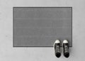 Blank gray door mat on the floor at home. Welcome mat with copy space for your text. Doormat mock up. Carpet at entrance