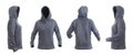 Blank gray hoodie with raised hood leftside, rightside, frontside and backside isolated