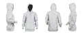 Blank gray hoodie with raised hood leftside, rightside, frontside and backside isolated