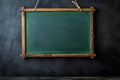 A blank green chalk board hangs on a dark wall by Generative AI Royalty Free Stock Photo