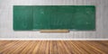 Blank green chalkboard, blackboard texture with copy space hangs on gray grunge wall and wooden floor 3D-Illustration Royalty Free Stock Photo