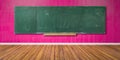 Blank green chalkboard, blackboard texture with copy space hangs on pink grunge wall and wooden floor 3D-Illustration Royalty Free Stock Photo