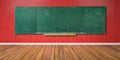 Blank green chalkboard, blackboard texture with copy space hangs on red grunge wall and wooden floor 3D-Illustration