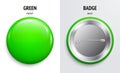 Blank green glossy badge or button. 3d render. Round plastic pin, emblem, volunteer label. Front and Back Side. Vector. Royalty Free Stock Photo