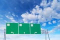 Blank green highway road sign on sky background.Empty road sign copy space Royalty Free Stock Photo