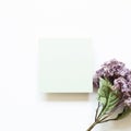 Blank green memo pad with purple hydrangea flower bouquet on white background