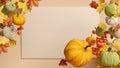 3d illustration with thanksgiving autumn fall background in frame of pumpkins, tomatoes, maple leaves and nuts. Royalty Free Stock Photo