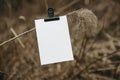 Blank greeting card mockup with black metal bulldog clip. Boho office supply concept. Branding stationery display still