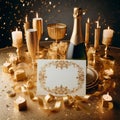 Blank greeting card next to champagne bottle, golden decoration and glasses