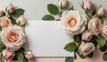 Blank greeting card, card ready to write, pink roses on a pastel background