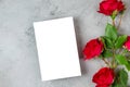 Blank greeting card with red rose flowers on gray background. Wedding invitation. Mock up. Flat lay. Womans day Royalty Free Stock Photo