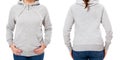 Blank grey sweatshirt mock up set isolated, front and back view. Woman wear grey hoodie mockup. Plain hoody design presentation. Royalty Free Stock Photo