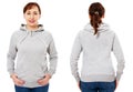 Blank grey sweatshirt mock up set isolated, front and back view. Woman wear grey hoodie mockup. Plain hoody design presentation. Royalty Free Stock Photo