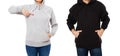 Blank greyblack sweatshirt mock up isolated. Couple wear dark hoodie mockup. Plain hoody design presentation. Clear grey loose Royalty Free Stock Photo