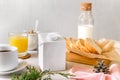 Blank half liter milk box tetra pack  with lid on a table with breakfast. package template, mockup of a retail container for Royalty Free Stock Photo