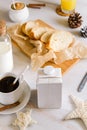 Blank half liter milk box tetra pack  with lid on a table with breakfast. package template, mockup of a retail container for Royalty Free Stock Photo