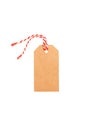 Blank hanging gift tag made from brown kraft paper with red twine. Design element. White background Royalty Free Stock Photo