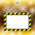 Blank hanging warning sign on bokeh gold background, template hanging label frame for copy space, hangtags empty label, hanging